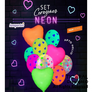 SET DE GLOBOS CORAZONES NEON 10 UNIDADES X 1